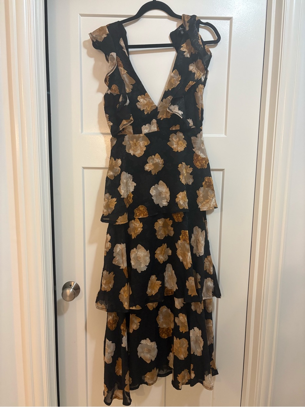 Lulu's Black Maxi Dress with Gold & Cream Floral Print